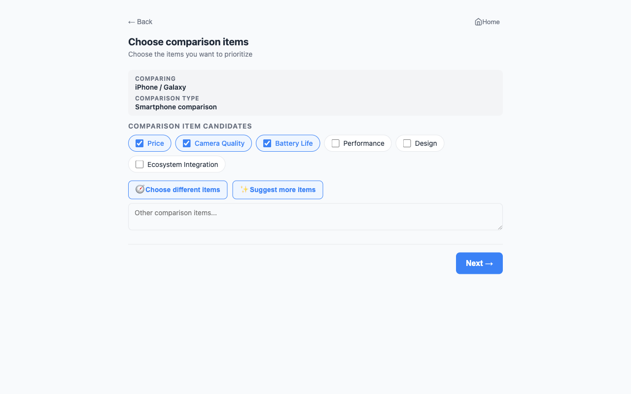 AI-suggested comparison criteria selection screen