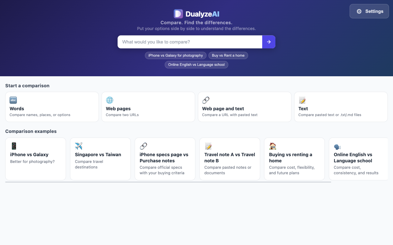 DualyzeAI home screen starting a new comparison